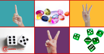 Hands holing up one, two and three fingers. Two dice, a pile of multicolored gems and green dice.